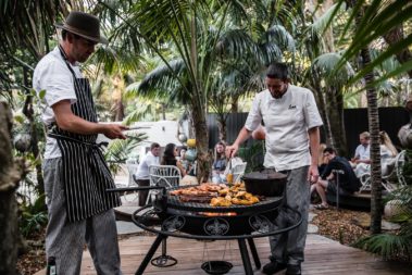 Al and Dennis cooking canapes, Lord Howe Island