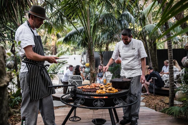 Al and Dennis cooking canapes, Lord Howe Island