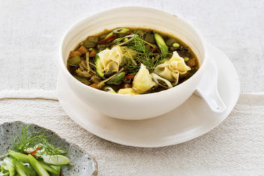 Roast duck and spring vegetable broth with prawn dumplings, Lord Howe Island