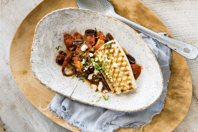 Kingfish with braised octopus, chorizo and harissa, Lord Howe Island