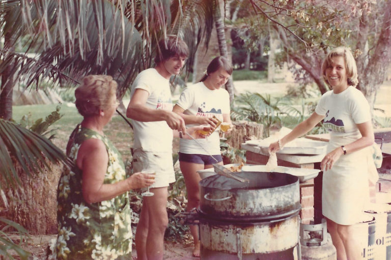 Pixie, Kerry and Bruce cooking a Pinetrees fish fry, Lord Howe Island