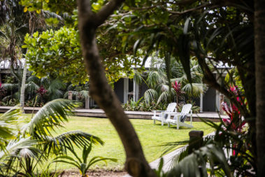 Boardwalks, lawn and gardens at Pinetrees, Lord Howe Island